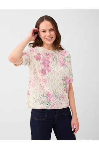 Jimmy Key Kırık Beyaz Floral Desenli Yuvarlak Yaka Kısa Kol Triko Kazak 6ww138180106