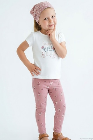 Breeze Kız Çocuk Kısa Kollu Taytlı Takım Çiçek Desenli 1.5-5 Yaş , Ekru