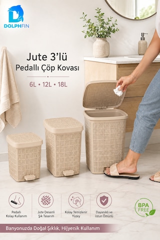 Jute 3 Lü Pedallı Çöp Kovası Seti 6 L + 12 L + 18 L Bej