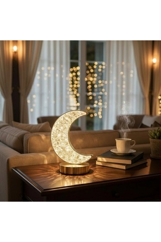 Gece Lambası Hilal Ay Formlu Kristal Led Masa Lambası Dokunmatik 3 Renk Işık Modlu Şarj Edilebilir Küçük Boy Dekor Amaçlı .