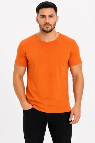 Defymoda Erkek Basic Tişört Bisiklet Yaka Kısa Kol Günlük Yazlık Slim Fit T-shirt - Turuncu