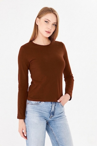 Sortie Collection Bisiklet Yaka Pamuklu Uzun Kollu Basic Penye Tişört Bluz Kahverengi