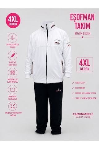 Büyük Beden Dik Yaka Fermuarlı Cepli Beli Lastikli İpli Boru Paça Erkek Eşofman Takımı Beyaz