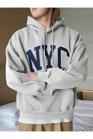 Altamira Erkek Siyah Nyc Baskılı Oversize Kapşonlu Sweatshirt 001