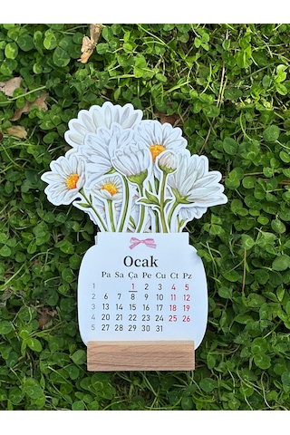 2026 Ahşap Ayaklı Çiçekli Mini Özel Tasarım, Masaüstü Takvim, Papatyalı Çiçek Buketi - Yeni Yıl