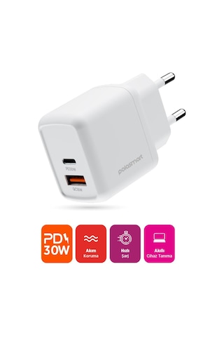 Polosmart Pbs137 Hızlı 1 Usb 1 Pd Çıkışlı 30w Şarj Adaptörü Duvar Şarjı Beyaz
