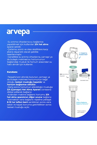 Arvepa Su Arıtma Cihazı 3/4 (Çamaşır/Bulaşık) Hat Alma ve Konnektör Vana Seti - Ekstra Dayanıklı (Metal)