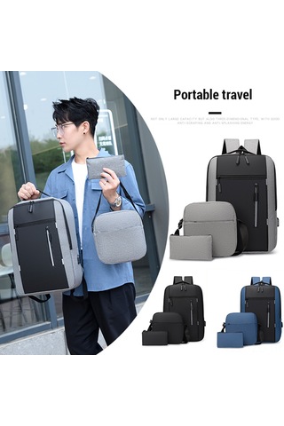 Yuntech01 Erkek Usb Şarjlı Su Geçirmez Çanta Seti - Laptop Sırt Çantası + Omuz Çantası + El Çantası Siyah
