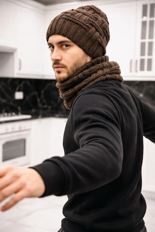 Gönülden Tasarım El Örgüsü Yumuşak Yün Erkek Bere Boyunluk Takım Unisex Kahverengi