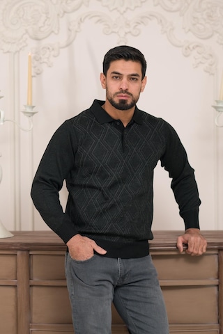 Woolen World Polo Yaka Desenli Yünlü Erkek Triko Kazak Siyah