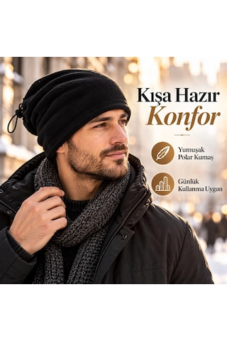 Elitse Unisex Polar Bere Boyunluk 2 Adet Seti 2'si 1 Arada Büzgülü Sıcak Tutan Kışlık Siyah Günlük Konforlu