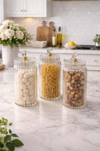 Qerhome 3'lü Borosilikat Cam Optik Çizgili Kristal Gold Kapaklı Kavanoz Seti 1100 Ml Şeffaf