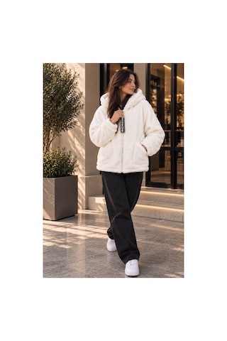 Öners Kadın Kapşonlu Peluş Fermuarlı Sweat Oversize Yumuşak Polar Hoodie Kışlık Sıcak Tutucu Beyaz Beyaz