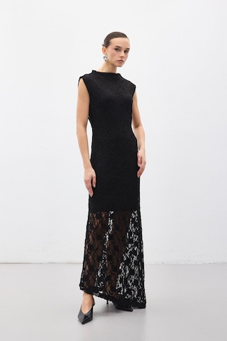 Sateen Dantel Kolsuz Elbise - Siyah-137060 Siyah