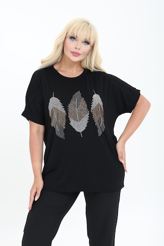 Yaprak Tasarım Taş Detaylı Bambu Yarasa Kol Bluz M-6xl Siyah