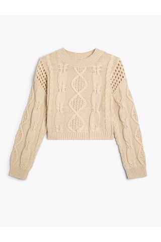 Koton Crop Kazak Ajurlu Yuvarlak Yaka Uzun Kollu Ekru 5wkg90084at