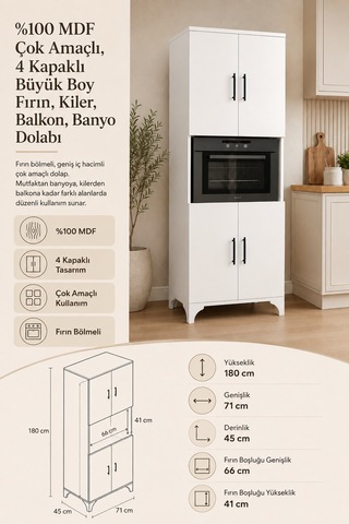 Renazzo %100 Mdf Çok Amaçlı 4 Kapaklı Büyük Boy Fırın Kiler Balkon Beyaz