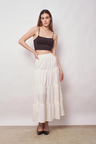 Kadın İç Göstermez Midi Boy Fırfırlı Beli Lastikli Etek -krem Krem