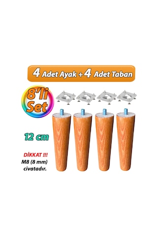 Ahşap Ayak 12 Cm 8'li Set Açık Meşe M8 Civatalı Bağlantı Aparatlı Dolap Mobilya Koltuk Kanepe Destek Ayağı Ayakları Açık Meşe