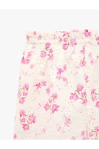 Koton Pamuklu Fırfırlı Brodeli Çiçek Desenli Geniş Paça Pantolon Pembe Desenli 6smg40024aw