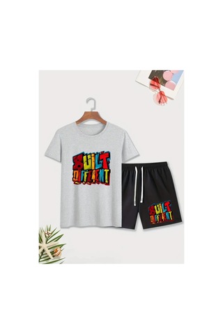 Erkek Gri''renkli Built Different Baskılı'' Basic Oversize T-shirt- Şort Takım Strup0000000000014