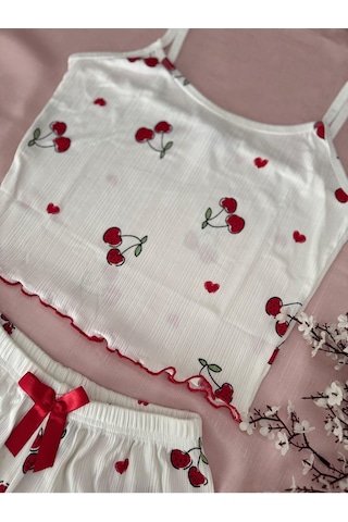 Mh Moony Homewears 2'li Fitilli Kirazlım Şortlu Yazlık Pijama Takımı Kırmızı Bordo