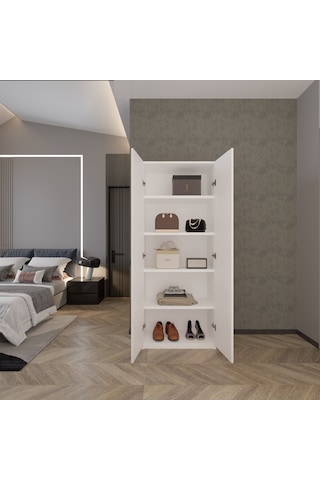 Ed Pet Dizayn 2 Kapaklı 5 Katlı Çok Amaçlı Beyaz Elbise Dolabı