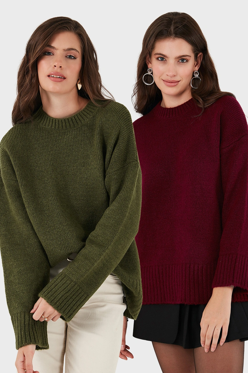 Lela Regular Fit Bisiklet Yaka Basic 2'Li Paket Triko Bayan Kazak 4616213S2 Bordo-Haki