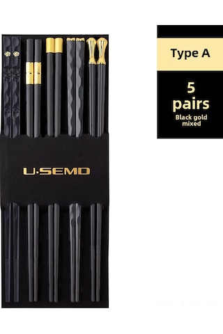 Mufunye Aile İçin Yenilikçi Japon Stili Dayanıklı Alyuminyum Çubuk Çatal, Tek Kişilik Hijyenik Kullanim, Yüksek Sıcaklığa Dayanır - Siyah Altın Desenli 5'li Paket Diğer