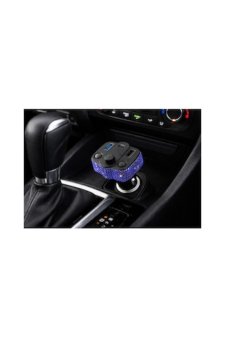 Araç İçi Saks Mavisi Kristal Taşlı Fm Transmitter Bluetooth Usb Type-c Oto Çakmaklık