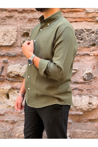 Slim Fit Uzun Kol Müslin Pamuk Rahat Nefes Alabilen Kumaştan Yaka Düğmeli Hediye Kutulu Erkek Gömlek Fs-004202 - Yeşil-3365