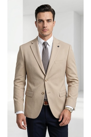 Plus Scorpion Ck 142 Slim Fit Mikro Desenli Erkek Ceket Yazlık Pike Kumaş Çift Yırtmaç Blazer Bej