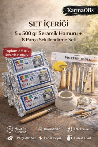 Seramik Hamuru Seti 5x500 Gr + 8 Parça Şekillendirme Alet Seti Air Dry Kil Modelleme Seti Krem