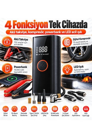 Akü Takviye Cihazı 12v Dijital Hava Kompresörü 16000 Mah Powerbank Otomatik Durdurma Led Sos Çok Amaçlı Şişirme Pompası