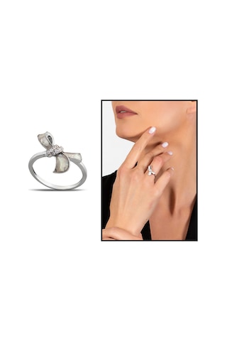 Sedef Taşlı Kurdela Tasarım 925 Ayar Gümüş Kadın Yüzük Beyaz