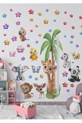 Sevimli Hayvanlar Temalı Boy Ölçer Duvar Sticker Mat, Sökülebilir, Çocuk Odası Dekoru 01