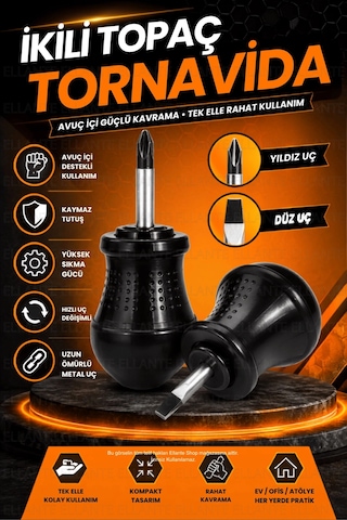 Mini İkili Topaç Tornavida Manyetik Uçlu Düz Ve Yıldız Uçlu Pratik El Tornavidası