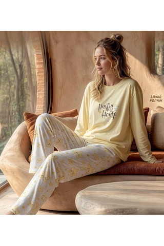Pijamoni Kadın Likralı Pamuklu Bisiklet Yaka Uzun Kol İnce Pijama Takımı 1300/1 - 1 Adet Sarı