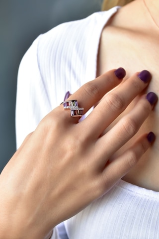 Papatya Silver 925 Ayar Gümüş Rose Kaplama Renkli Baget Taşlı Kolye Küpe Yüzük Set