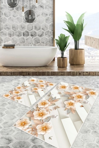 Dijital Baskı Çicek Desen Kaymaz Taban 2li Set Banyo Paspası Klozet Takımı 50x60cm-60x100cm Krem