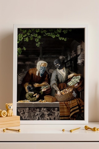 Modern Art Para Temalı Maskeli Figürler Çerçeveli Tablo Ofis Ve Ev Hediyesi Şık Dekor Modifiye Sanat