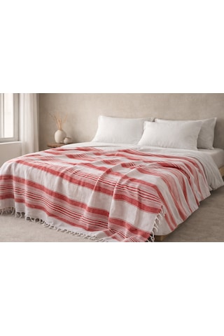 Çift Kişilik Pike 180x220 Cm Çizgili Çok Renkli %70 Pamuk %30 Polyester Dört Mevsim Kullanım Türkiye Üretim Tek Parça Pike Beyaz - Kırmızı