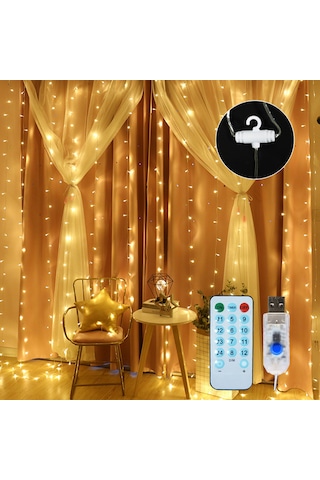 Geeksen 10x3m 300 Led Perde Işık Perdesi, 4 Müzik & 8 Aydınlatma Modu Uzaktan Kumandalı Düğün Parti Ev Noel Dekorasyon Sıcak Beyaz