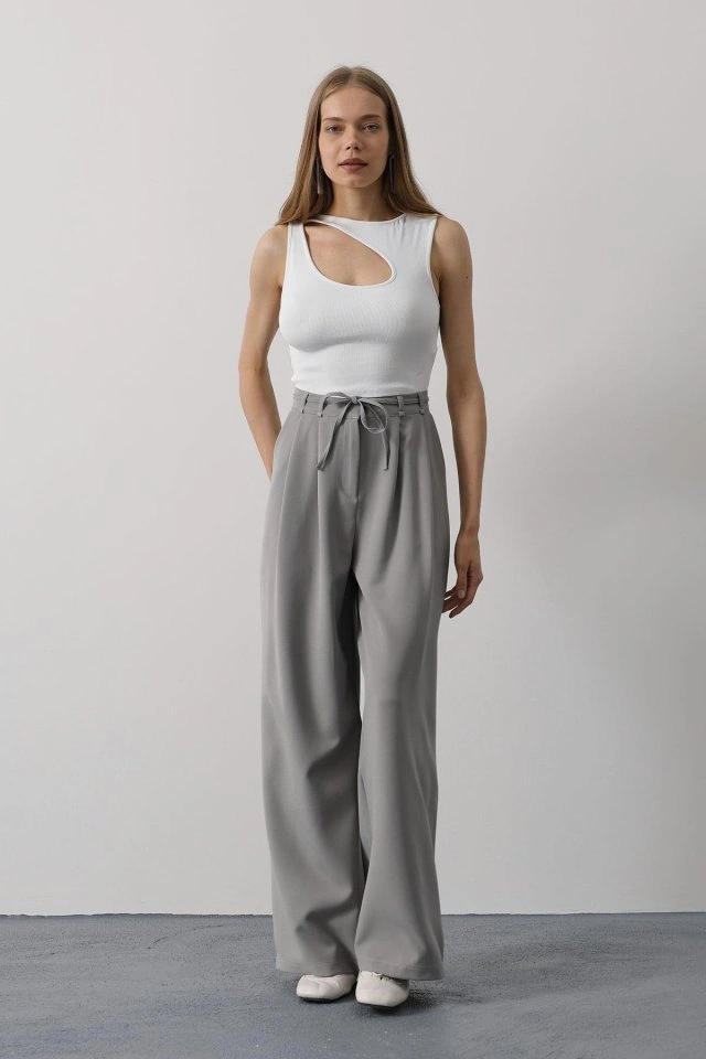 Emh Store Pileli Bağcıklı Oversize Pantolon - Gri Gri