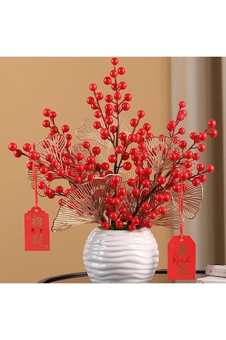 Yapay Çiçek Kokina Uzun Dal 63cm Yılbaşı Çiçeği Red Berry