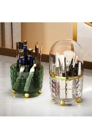 Yuntech01 Scheın Abs Plastik Güneş Yeşili Döner Kosmetik Organizer, 6 Bölmeli, Toz Koruyucu Kapaklı, 21x12x12 Cm Şeffaf