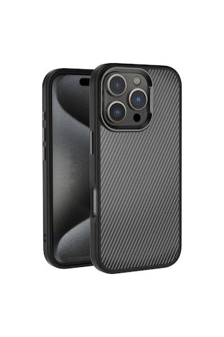Apple İle  Uyumlu -  iPhone 16 Pro Kılıf Karbon Fiber Görünümlü Parlak Kamera Çerçeveli Zore Venus Kapak Siyah Diğer