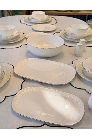 58 Parça 12 Kişilik Porselen Queen Sera Yemek Takımı Silver-7276 Beyaz Gri