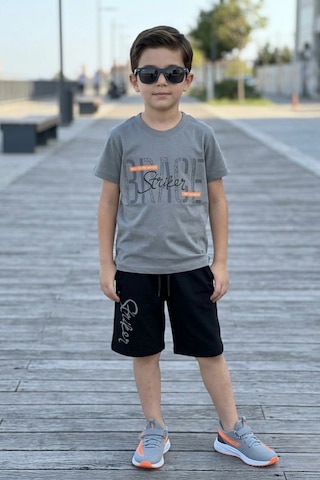 Koçak Kids Brage Striker Yazı Desenli Erkek Çocuk Şortlu Takım Gri