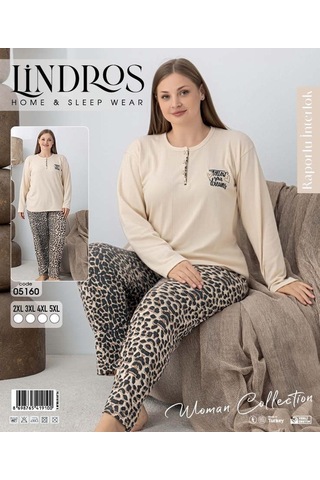 Lindros Kadın Pamuk'lu Düğme Yaka Raporlu İnterlok Kışlık Battal Pijama Takımı 05160 - 1 Adet Ekru